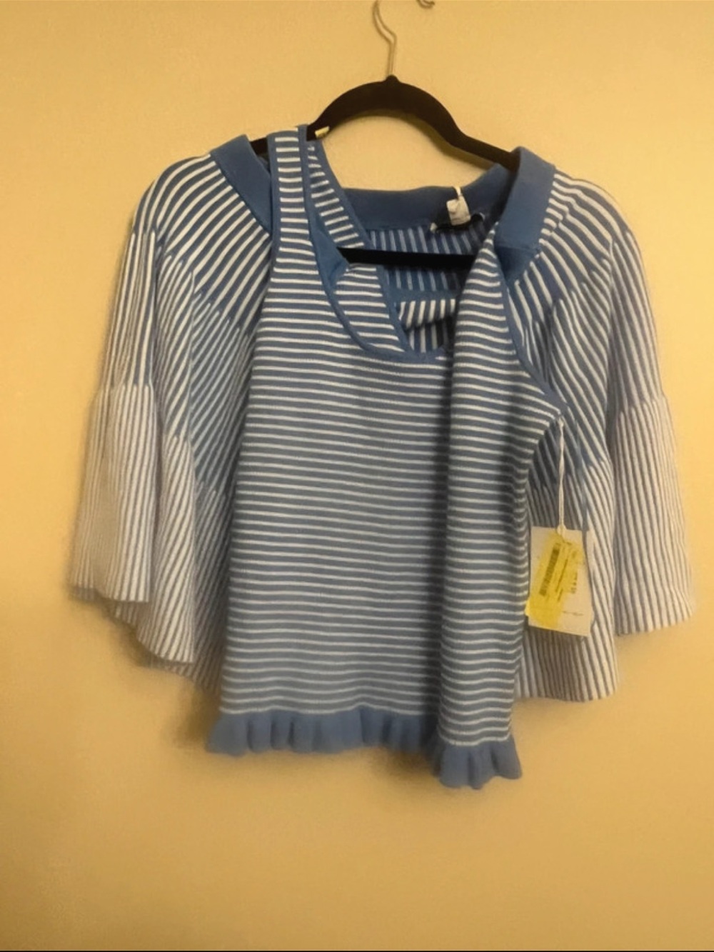 Blue & White Striped Women’s Knit Top with Ruffled Hem